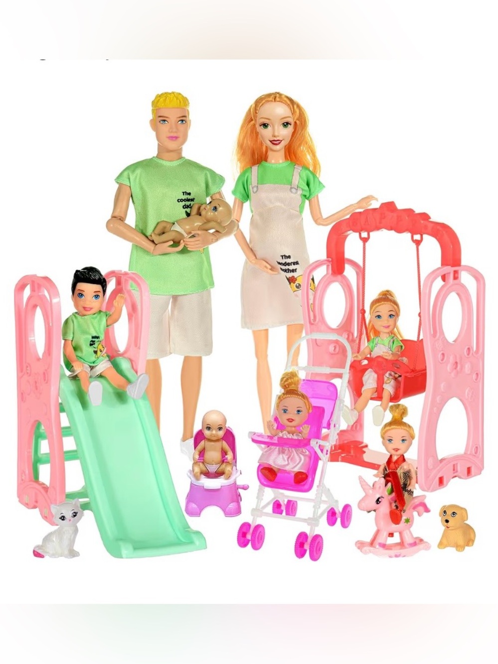 Family Dolls Playset with Slide, Swing & Stroller —7 Figures Pets & Accessories
